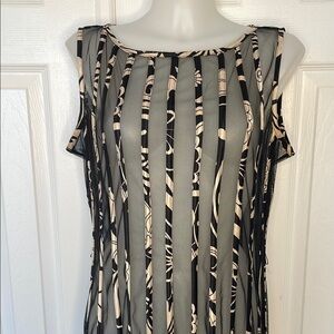 SANDRA DARREN STRIPED BLACK AND BEIGE SHEER MESH SLEEVELESS SHIFT DRESS SIZE 14